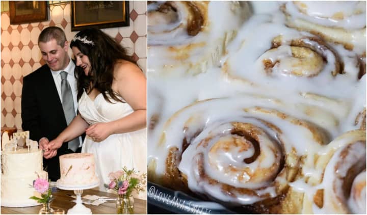 Ana Reyes of Cliffside Park and her husband, left, with cinnamon rolls on the right that she says &quot;should only be photographed up close.&quot;