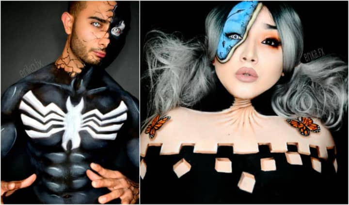 Left: Kevin Saenz of Bergenfield as &quot;Venom&quot; and right: Erika Galloza felt inspired by Savlador Dali, so she painted herself.