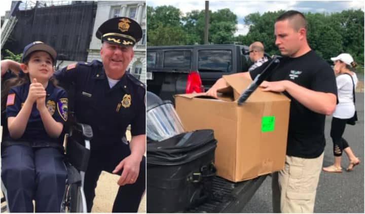 Left: Amelia with Oakland Chief Edward Kasper. Right: An officer prepares to return his equipment in Hackensack.