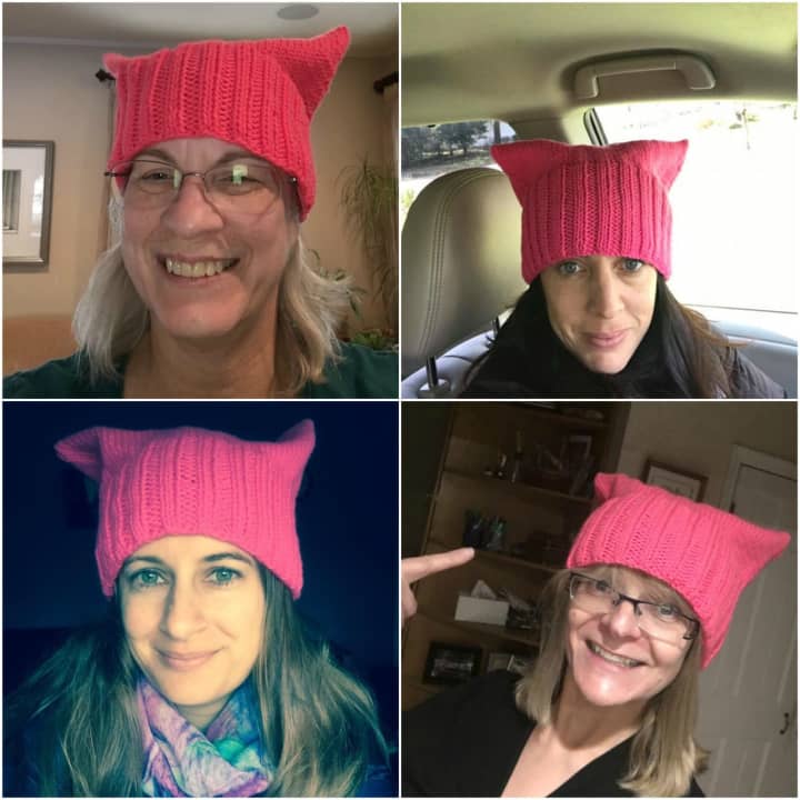 Sue Camp Tryforos, top left, launched the Pussyhat Project in Glen Rock. Locals wear her creations, which she made with help from Elaine Silverstein and Yuriko Bertram