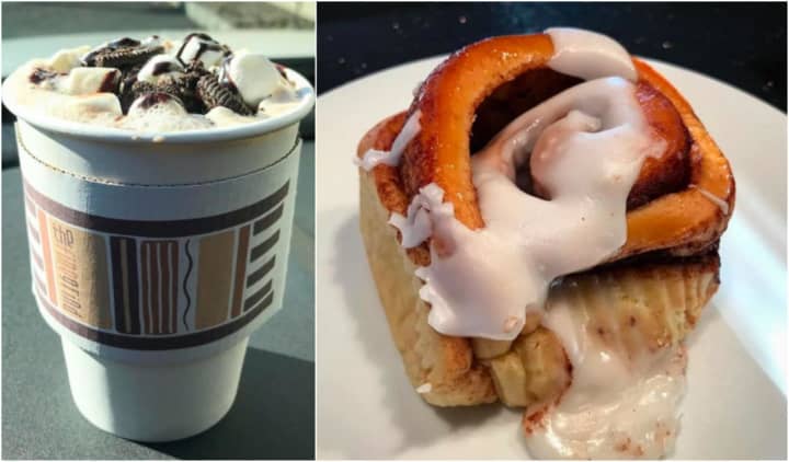 The Fine Grind Coffee Bar, Little Falls: A cinnamon bun and Oreo marshmallow hot chocolate.