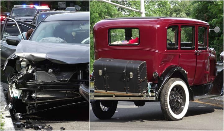 A Nissan Rogue and an old fashioned Ford crashed in Ridgewood, sending one to the hospital Thursday.
