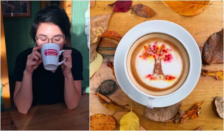 Nevon Kipperman sips a latte at Farmhouse Cafe &amp; Eatery in Cresskill. On the right is her most recent fall creation.