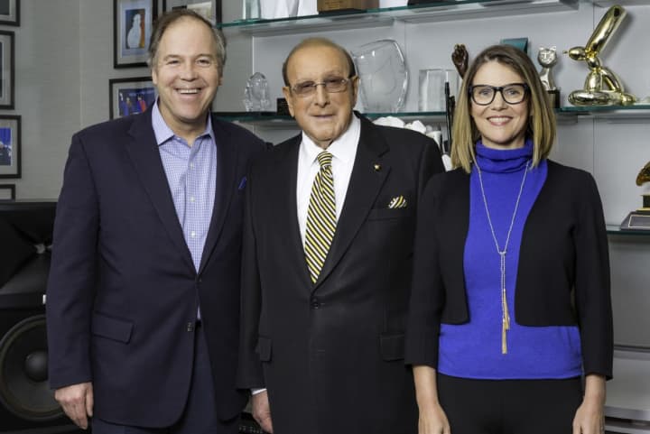 From left, founder John Farr and  five-time Grammy-award winner Clive Davis with Bedford Playhouse Board Chairwoman Sarah Long.