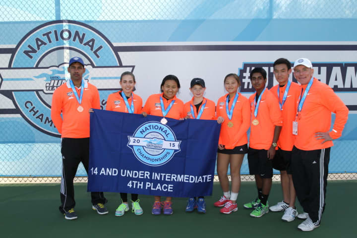 The fourth-place team from Brewster at last weekend&#x27;s USTA Junior Team Tennis event. Left to right: Coach Randy Mani, Lea Letorneau, Hillary Sherpa, James Cosby, Allison Yu, Krishna Koka, Tadd Long and Coach Kevin Kumerle. 