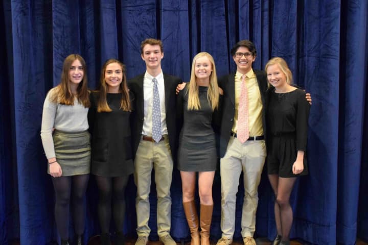 Bronxville High School students, Martha Thomas, Claire
 Kraemer, Michael Landy, Caroline Kirby, Remi Laurence and Mimi Buendia are shown at a Dec. 20 assembly.