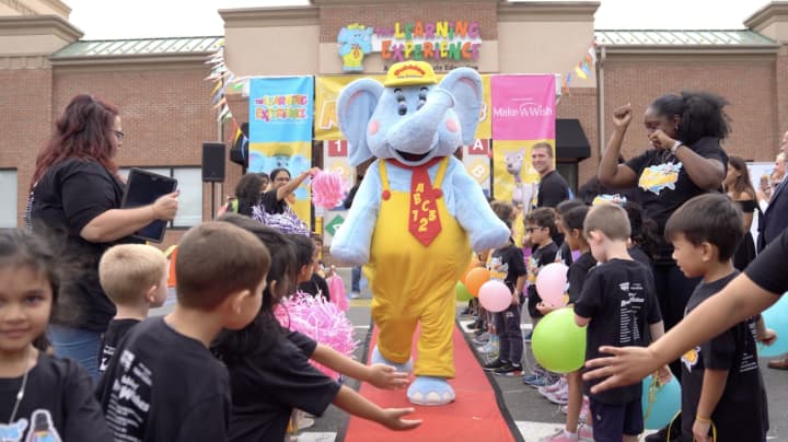 Preschoolers at The Learning Experience in Dobbs Ferry meet fun-loving elephant &quot;Bubbles&quot; to raise money for Make-A-Wish. It is part of a philanthropy curriculum which teaches and shows children how to practice kindness.