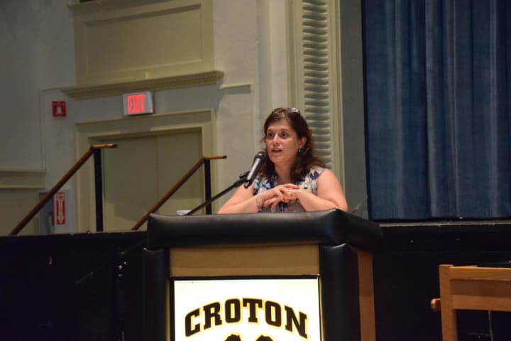 Board of Education President Giuseppina Miller addressed staff members at the Superintendent’s Conference Day on Aug. 31