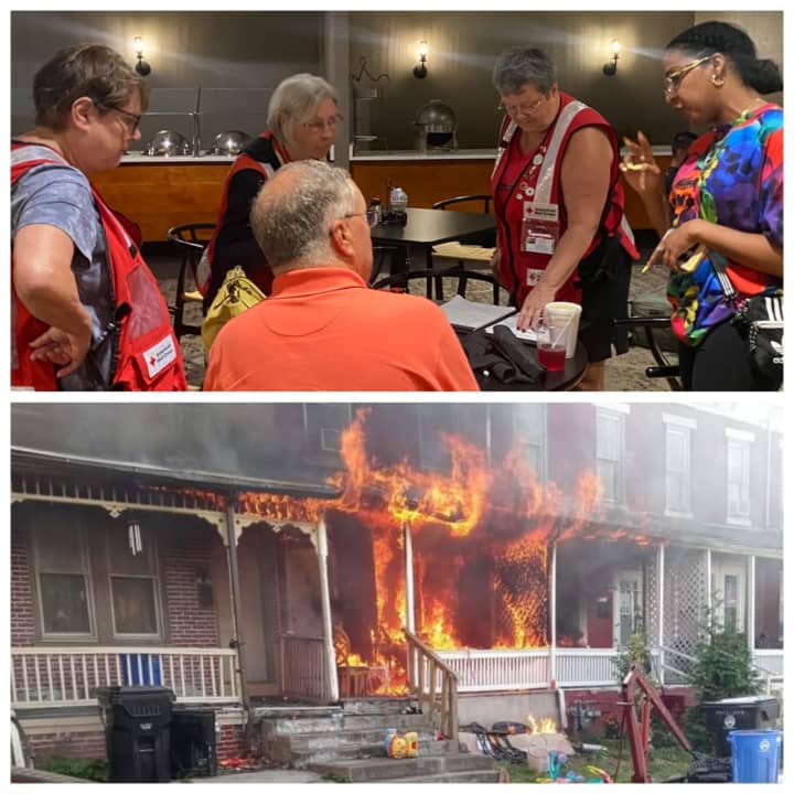 The scene of the row home fire in Harrisburg and American Red Cross of Greater Pennsylvania Disaster Action Team members with translator, Yenira Feliz.