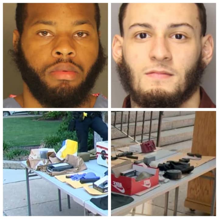 Jacquez Brown (upper left), Shahiem &#x27;Mugga&#x27; Carr (upper right), and all of the weapons the police found at Brown&#x27;s home.