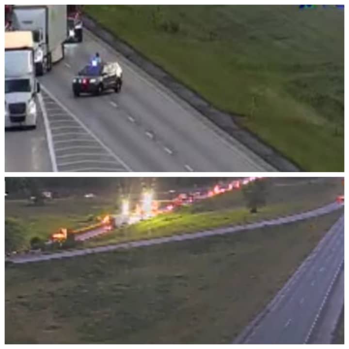 The traffic backup (top) and the scene of the roll-over crash (bottom)