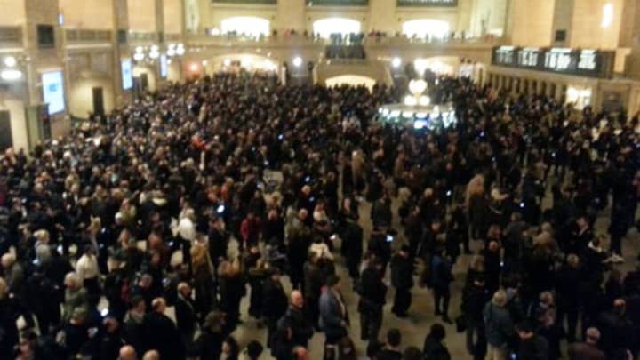 Crowds fill Grand Central after a suicide in the Bronx caused train delays Monday night along the Metro-North rails.
