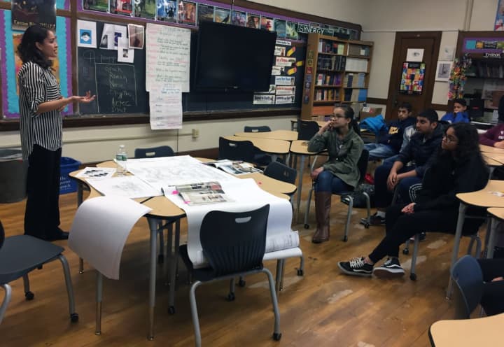 A 2007 Alexander High School graduate Meagan Rivera, an architect with Keller/Eaton Architects of Mamaroneck, speaks at a career day.