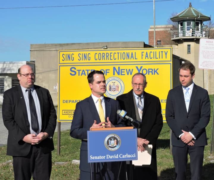 Carlucci is joined from left by Matthew Shapiro, NAMI - NY State, Jack Beck, the Correctional Association of New York, and Tom Templeton, NYAPRS, in front of Sing Sing Prison calling on Gov. Cuomo to expand mental health training in state prisons.