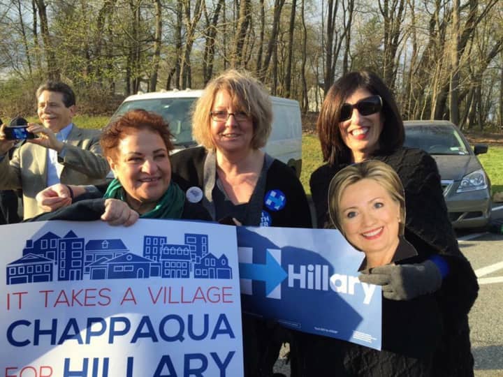 Dawn Greenberg, center, a member of Chappaqua Friends of Hillary, says the group will be well represented at the Democratic convention in Philadelphia this month. She is shown with Iris Weintraub Lachard, left, and Randee Glazer.