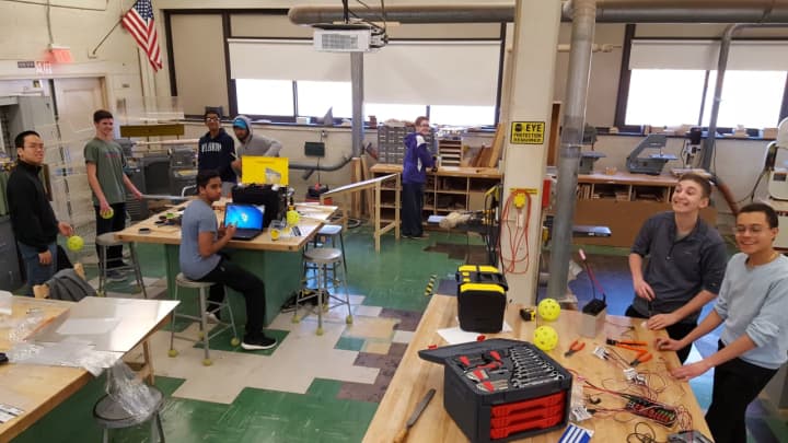 Clarkstown High School North students preparing for a regional robotics tournament in March.