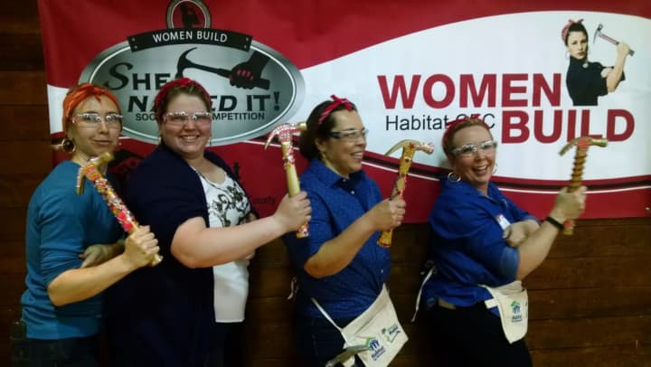 Team Googly Eyes, featuring women from Norwalk and Stratford, won the 2nd annual She Nailed It ladies-only nail-hammering contest to benefit Habitat for Humanity of Coastal Fairfield County&#x27;s Women Build program.