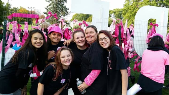 Members of The Cortlandt YC Cancer Stompers are, from left: Kayla Campos, Joselyn Sarmiento (in pink hat), Jennifer Hayes, Charlie Hayes, and, far right, Audrey Puente. They are shown with Buchanan elementary school teacher Dawn Gauthier.
