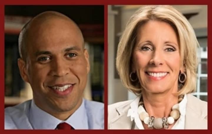 New Jersey Sen. Cory Booker recently voted against confirming Betsy DeVos as secretary of the Department of Education, even though he&#x27;s worked with her school-choice-promoting organization for a decade. Congress.gov and Betsy Devos Twitter