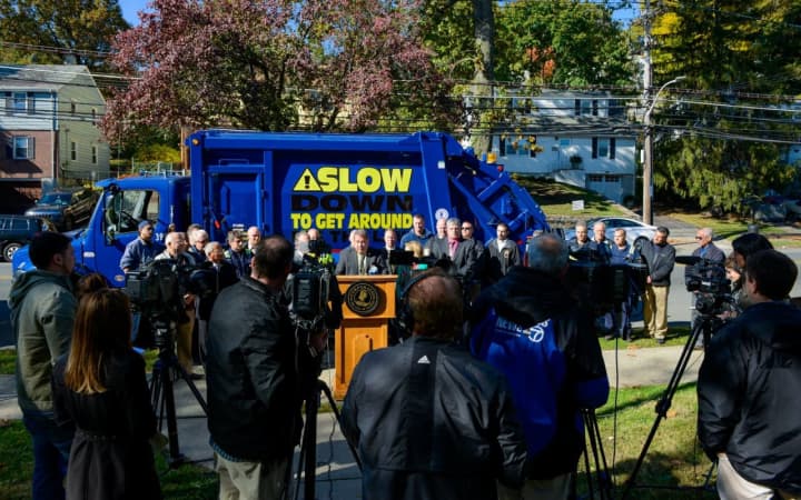 Yonkers Mayor Mike Spano announcing the enforcement of Gov. Cuomo&#x27;s &quot;Slow Down to Get Around&quot; campaign.