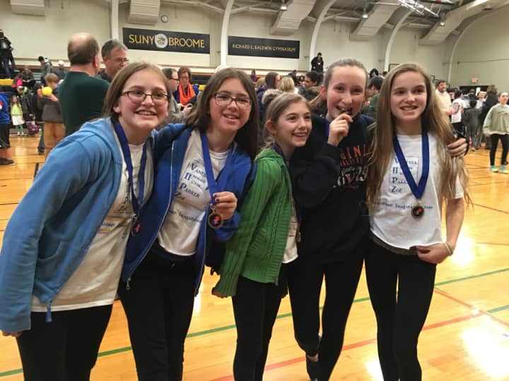 From left, Team VIIPZ members Parker Piccolo Hill, Indrani Malhotra, Zoe Rose, Vanessa Rossi and Isolde McManus, who won the DI state competition in Binghamton.