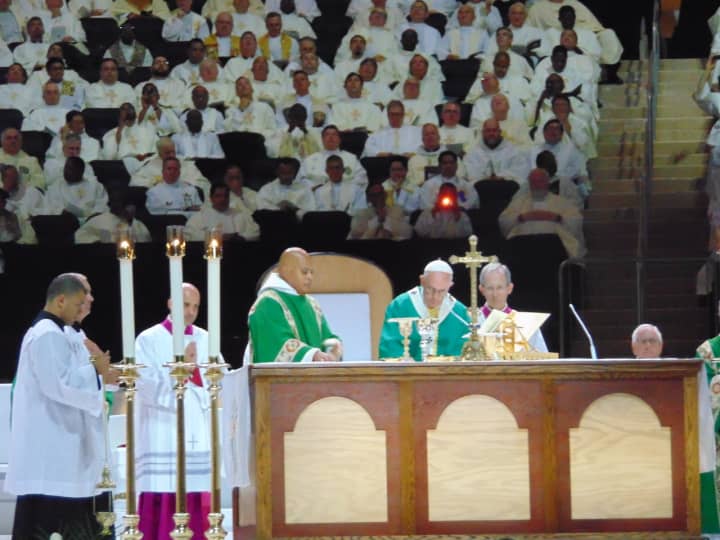 Pope Francis offering Mass at Madison Square Garden on Sept. 25 from an altar constructed by teenage carpenters from Lincoln Hall Boys&#x27; Haven in Somers.