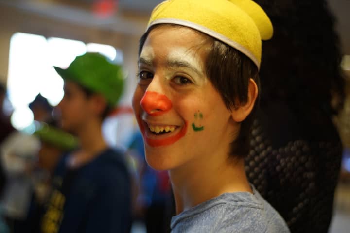 Eitan Hiller acts as a mitzvah clown, in a program offered by Ayrevut in Bergenfield. 