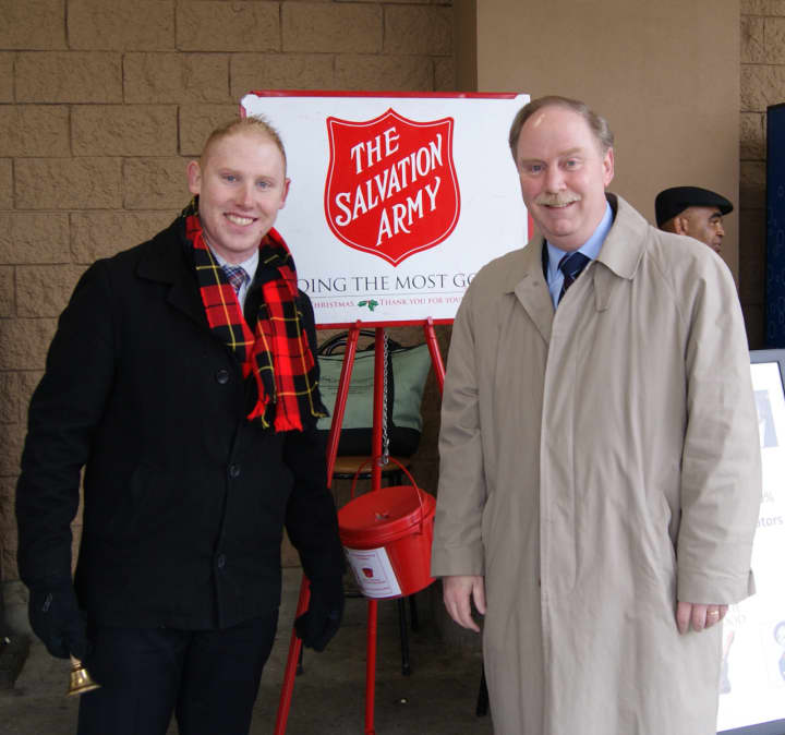 State Reps. Stephen Harding and Michael McLachlan ring the bells for the Salvation Army in Danbury.