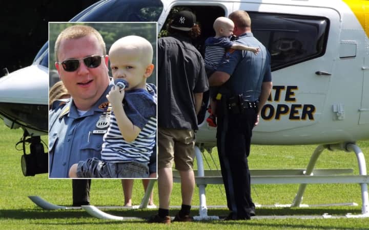 Ridgewood PBA Local 20 requested the visit so that Cole – whose dad, Kevin (pictured), is a Ridgewood police officer and mom, Stephanie, a schoolteacher – could see the helicopter up close.