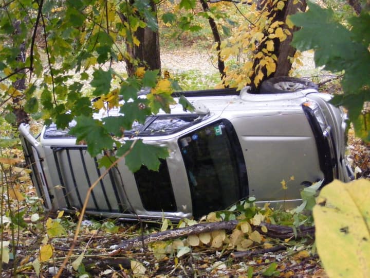 The vehicle came to rest against a tree.
