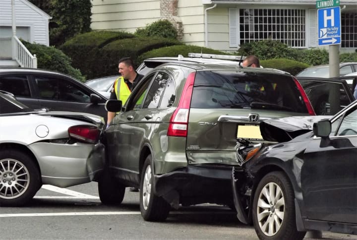 Three-vehicle pileup at Linwood and North Maple avenues Monday afternoon.