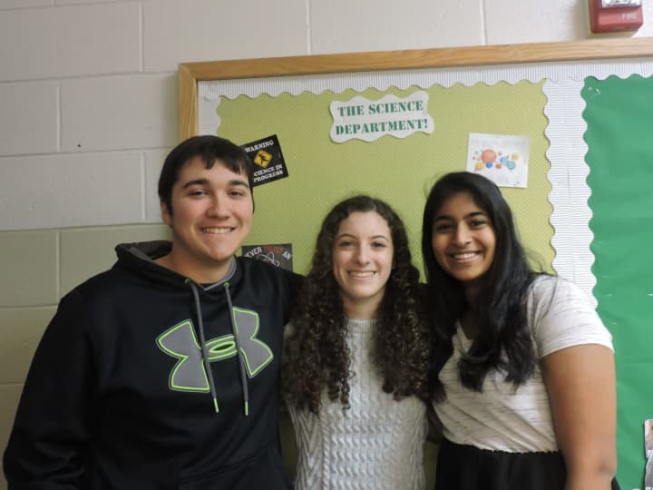 From left, Pleasantville High School seniors Vincent Ferraiuolo, Ana Malfa and Silpaa Gunabalan are winners of prestigious science research awards.