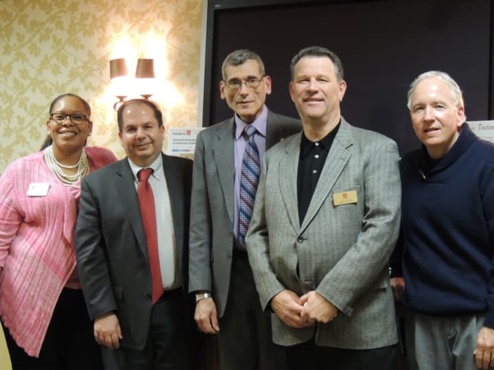 The Teaneck Chamber of Commerce officers (from left): Yolandra Andrews, Alan Ezrapour, Larry Bauer, Joel Goldin, and Patrick Finnegan. The annual Meet the Township event is March 1.