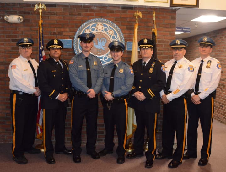 Forrest Diedolf, third from left, and Nicholas Tanelli were sworn into the Paramus Police Department.
