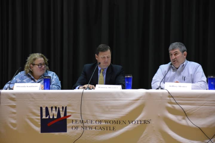 Left to right: Rhonda Kaufman, Warren Messner and Jeffrey Mester. The three are pictured at a candidates&#x27; forum.
