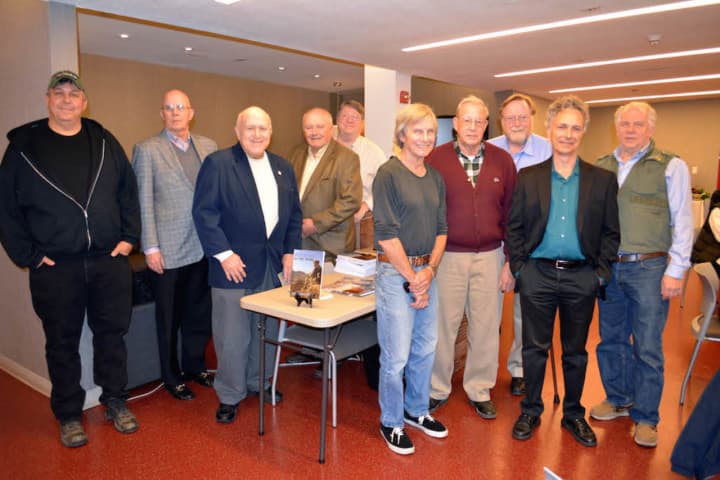 Veterans from the program who attended a Dec. 8 reception included, from left, Matt Phair, James McCauley, Peter Stone, Matt Coffey, Rod Carlson, Terry Solomon, Nick Lamonica, George Kelly, program instructor David Surface and Randy Swan of Fordham.