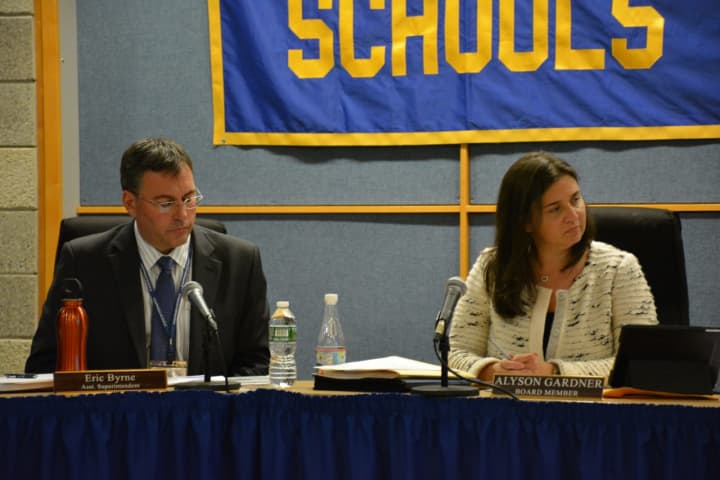 Eric Byrne, left, is now Chappaqua&#x27;s acting superintendent after the school board accepted Lyn McKay&#x27;s resignation. Pictured at right is school board President Alyson Gardner.