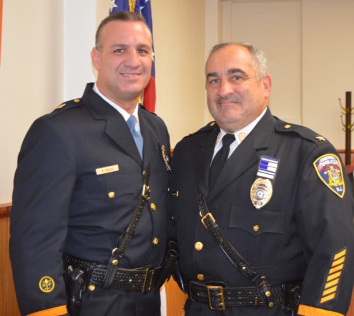 Emerson Police Capt. Michael Mazzeo, left, with Chief Donald Rossi after being sworn in on Oct. 6.