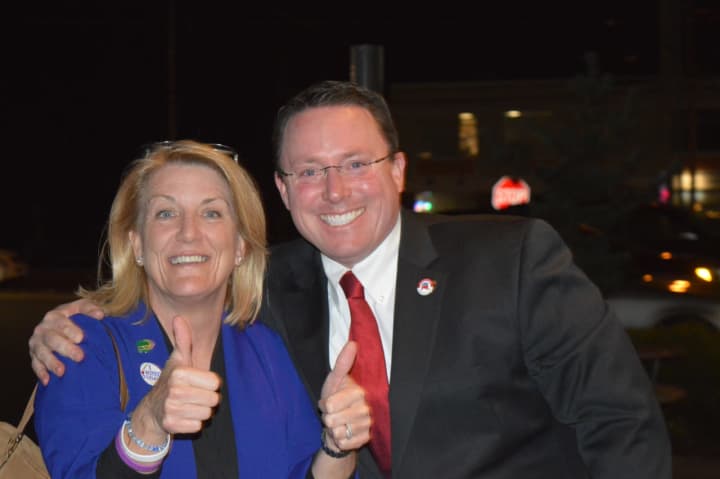 State Rep. Brenda Kupchick and Fairfield Republican Town Committee Chairman James Millington celebrate GOP victories in Fairfield.