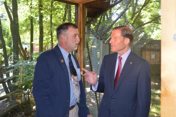 Beardsley Zoo Director Gregg Dancho, left, chats with U.S. Sen. Richard Blumenthal at the zoo on Wednesday.