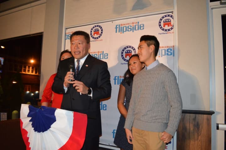 Surrounded by his family, state Sen. Tony Hwang thanks supporters gathered at Flipside after Tuesday&#x27;s election.
