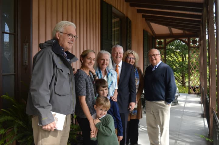 Amelia Johnson, second from left, is Jonathan Sturges&#x27; great-great-great-granddaughter and his mom, Helene Epifano is standing to her left. Wells Johnson 7, and his brother, Henry, stand in front of their mom.