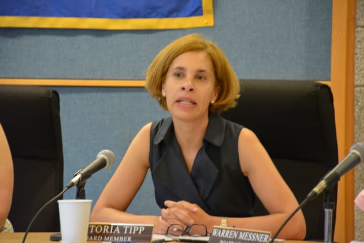 Chappaqua school board Vice President Victoria Tipp, pictured, said that the board was unaware of a legal defense put forth by a district attorney blaming student sex-abuse accsuers.