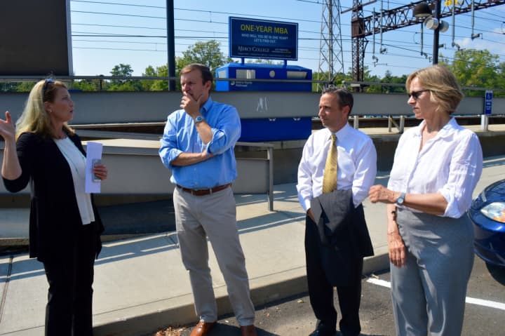 Work to replace platforms at the Noroton Heights train station began this week. Shown in 2015, Jayme Stevenson, Chris Murphy, Bob Duff and Terrie Wood discuss development projects and necessary upgrades at the station.