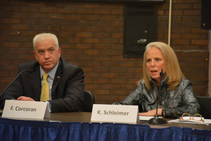 Bedford Councilman Francis Corcoran (left) has defeated Mount Kisco Trustee Karen Schleimer (right) in the race for a Westchester County Legislator seat.
