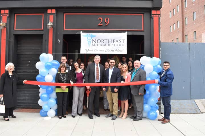 Stamford Mayor David Martin (center, left) attended the opening of  Daniel Remiszewski&#x27;s (center, right) Northeast Medical Institute which provides a two-week certification course in phlebotomy.