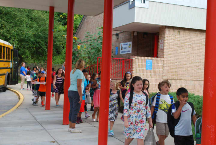 Students enter Buchanan-Verplanck Elementary School for the first time, beginning the 2016-2017 school year.