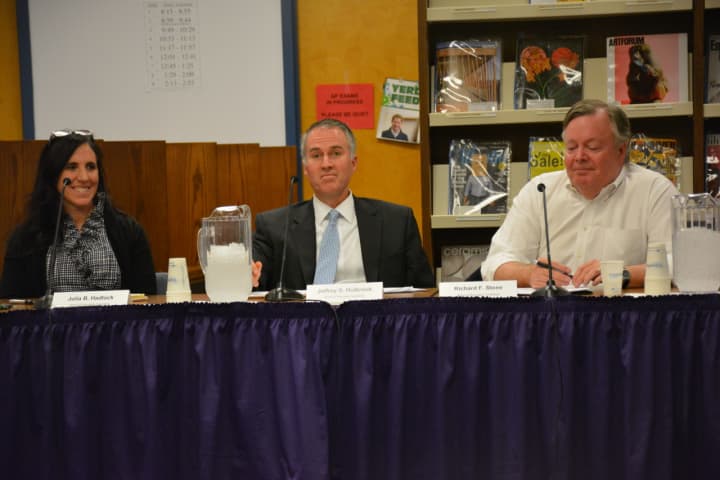 Left to right, at a forum: Julia Hadlock, Jeff Holbrook and Richard Stone.