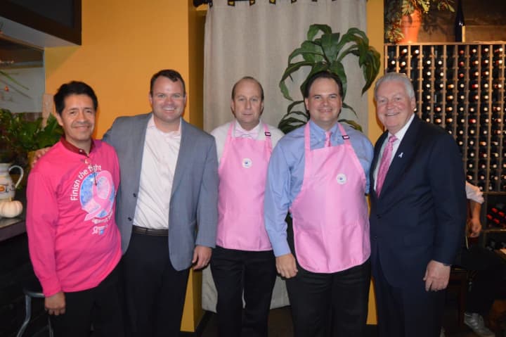 From left: Taberna Chef Daniel Lopez, Fairfield Selectman Chris Tymniak, Bob Kalina, Joe Barbetta and Fairfield First Selectman Mike Tetreau at the Real Men Wear Pink Happy Hour for Hope.