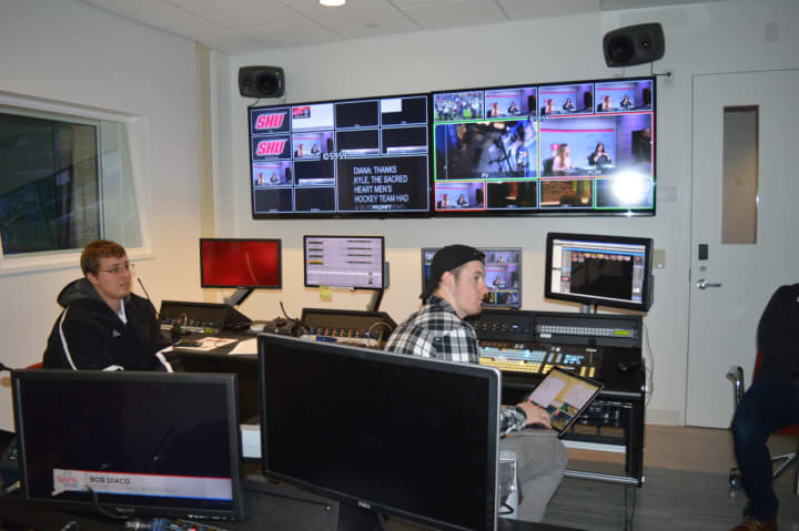 Students work in the television studio at Sacred Heart University.